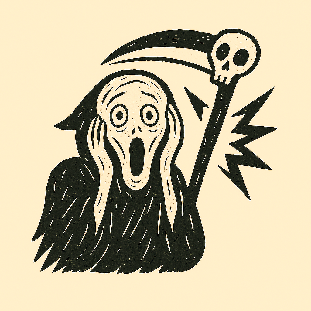A screaming grim reaper figure with a scythe, in a rough woodcut style, symbolizing the on-chain reaper.