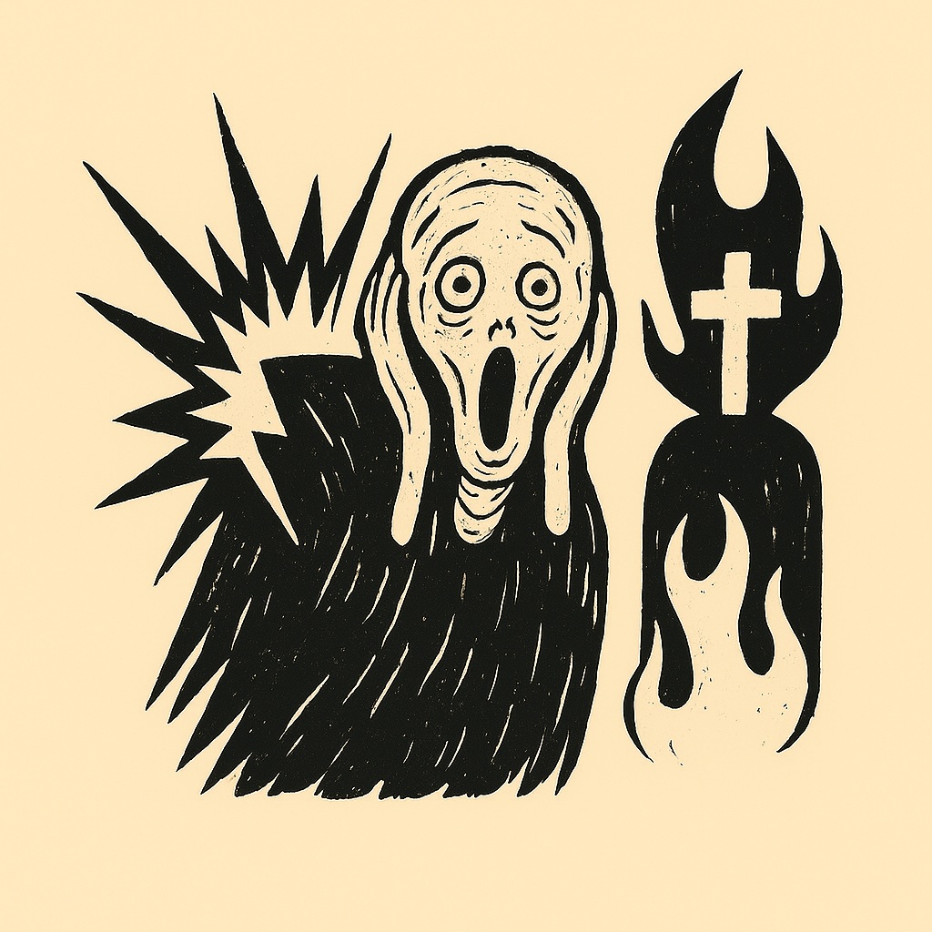 A violently smeared, rough-lined, abstract woodcut-style image of a distorted human face screaming in panic, symbolizing liquidation.