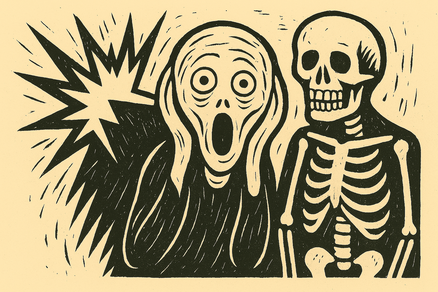 A screaming figure standing next to a skeleton, in a rough woodcut style, symbolizing the grim reality of liquidation.